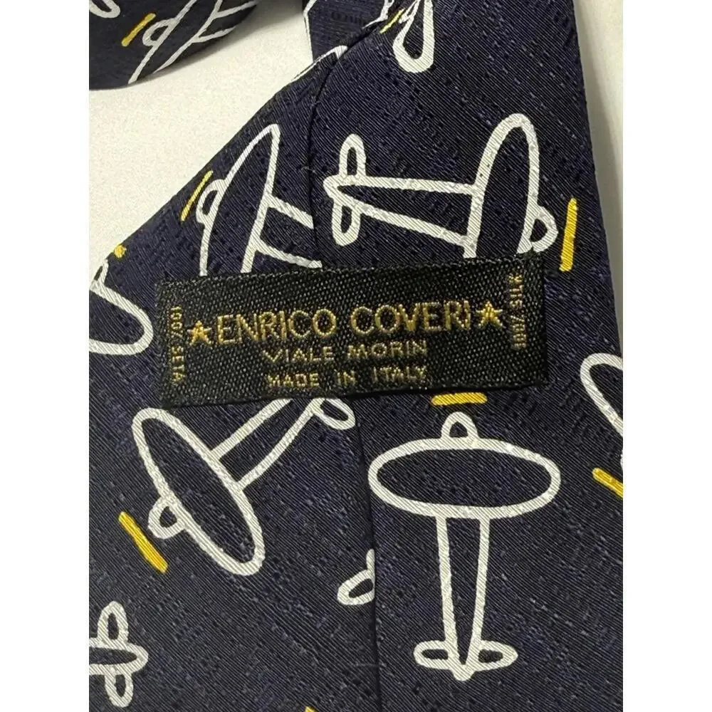 Enrico Coveri Italy Tie – Navy Blue with Airplane Print | Vintage Designer 57”